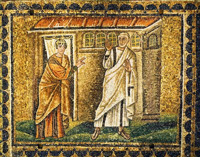 Der Türhüter erkennt den heiligen Petrus von Byzantine School