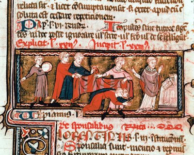 Hochzeitsszene, die Ehepartner sind mit einem Tuch bedeckt, Symbol ihrer Vereinigung. Miniatur aus dem Justinianischen Kodex (Codex Justinianus), einer Sammlung von Gesetzen und Institutionen, die unter dem römischen Kaiser Justinian I. von Byzanz (483-565 von Byzantine School
