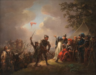 Die Legende der dänischen Flagge (der Dannebrog), die während der Schlacht von Lyndanise (Tallinn) in Estland im Jahr 1219 vom Himmel fiel von C.A. Lorentzen