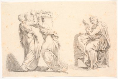 Zwei Frauen in klassischen Gewändern, die einen Korb tragen, sowie eine Sibylle nach Michelangelo von C.A. Lorentzen