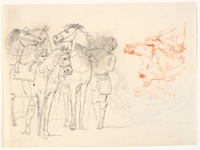 Zwei Skizzen. Links eine Bleistiftskizze mit Pferden und zwei Männern. Rechts eine Rötelkreideskizze mit einer Figurengruppe von C.A. Lorentzen