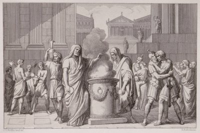 Das Treffen von Camillus und Manlius nach dem Rückzug der Gallier, graviert von B.Barloccini, 1849 von C.C Perkins