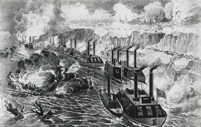 Admiral David Dixon Porters Flotte durchbricht die Rebellenblockade am Mississippi bei Vicksburg, 16. April von J.B. and Brown J. Rowbotham