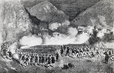 Division von General Giacomo Medici greift Levico Terme an, Trentino-Südtirol, Juli 1866, Dritter Unabhängigkeitskrieg, Gravur, Italien von J.B. and Brown J. Rowbotham
