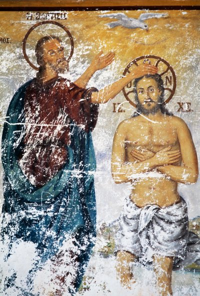 Jesus wird von Johannes dem Täufer getauft, Fresko in der Kirche des Klosters St. Johannes Theologe (Unesco-Welterbeliste) von J.B. and Brown J. Rowbotham