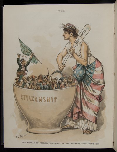 Der Mörser der Assimilation - Und das eine Element, das sich nicht mischen lässt, Illustration aus Puck Magazine, 26. Juni 1889 von C.J. Taylor