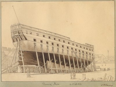 Das Linienschiff Dronning Maria auf der Werft von Christoffer Wilhelm Eckersberg