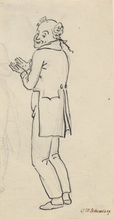 Satirisches Blatt; ein lächelnder Mann, von der Seite gesehen, mit beiden Händen vor der Brust, sowie Teil einer leichten Bleistiftskizze [abgeschnitten] von Christoffer Wilhelm Eckersberg