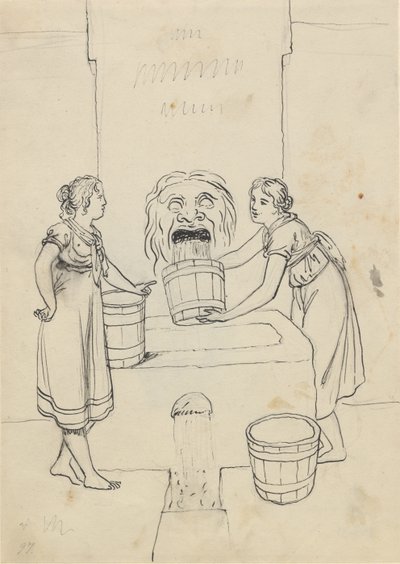 Zwei Frauen holen Wasser an einem Brunnen, der Wasser durch einen Maskenmund ausspuckt von Christoffer Wilhelm Eckersberg