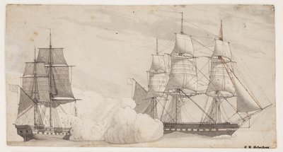 Zwei Kriegsschiffe im Kampf (die englische Fregatte Shannon und die amerikanische Fregatte Chesapeake?) von Christoffer Wilhelm Eckersberg