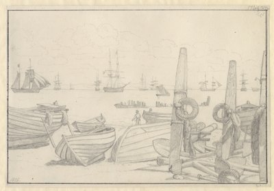Aussicht vom Strand südlich von Helsingør auf das Wachschiff, die Brigg "Falster" von Christoffer Wilhelm Eckersberg