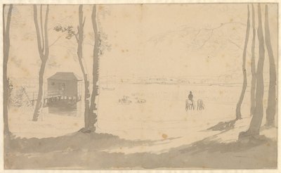 Aussicht über einen See, links ein Badehaus, in der Mitte Reiter, die Pferde tränken, im Vordergrund bewaldet von Christoffer Wilhelm Eckersberg