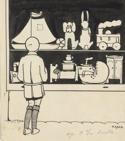 Dick schaut in das Schaufenster eines Spielzeugladens von C. Goes (signed by artist)