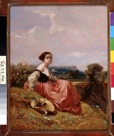 Junges Mädchen mit Hut vor dem Berg Sainte-Victoire von Camille Joseph Etienne Roqueplan