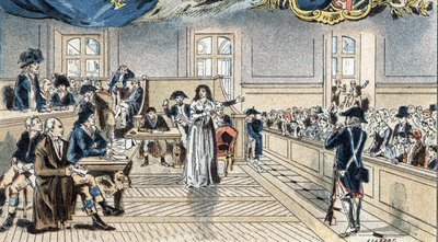 Marie Antoinette, Königin von Frankreich, vor den Richtern bei ihrem Prozess am 14. Okt. 1793. von Camille Gilbert