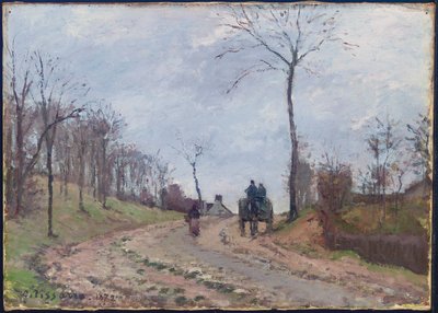 Kutsche auf einer Landstraße im Winter, Vororte von Louveciennes von Camille Jacob Pissarro
