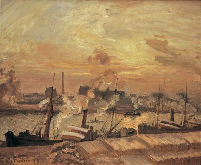 Déchargement de bois, quai de la Bourse, coucher de soleil, 1898 von Camille Jacob Pissarro