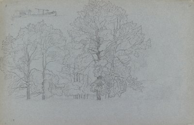 Studie von Bäumen, mit einer leichten Studie eines Lastkahns, 1859 von Camille Pissarro
