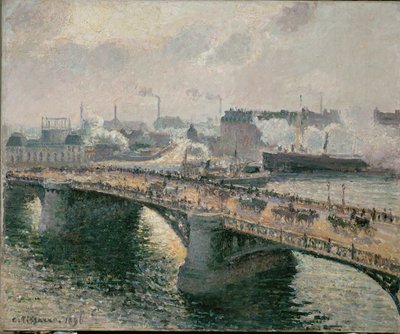 Sonnenuntergang im Nebel über der Boieldieu-Brücke in Rouen von Camille Pissarro