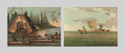 Mi’qmak-Indianerlager an einer Bucht mit Mi’qmaks, die Kanadagänse schießen; und Mi’qmak-Indianer, die Kanadagänse jagen, frühes 19. Jahrhundert von Canadian School