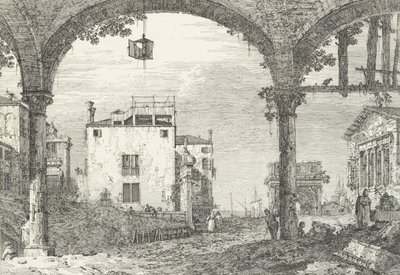 Ein dreibogiges Portikus mit einer offenen Laterne in der Mitte, ein Triumphbogen und Ruinen von Canaletto