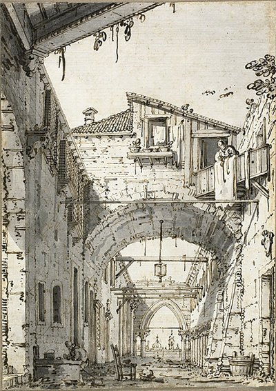 Capriccio: Eine von Bögen durchquerte Straße (recto) Skizzen von Tür, Treppe und zweitem Stockwerk eines Gebäudes (verso) von Canaletto