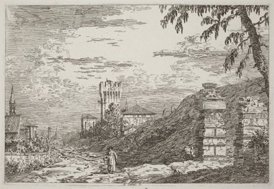 Landschaft mit Turm und zwei zerstörten Säulen [links] von Canaletto