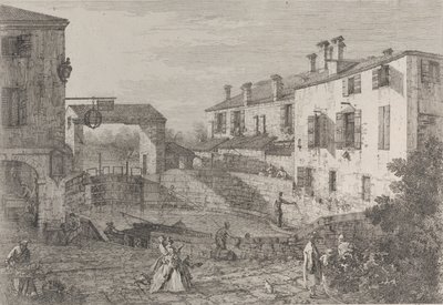 Le porte del Dolo: das ovale Becken der Schleusen in Dolo, mit einem an der Kaimauer festgemachten Lastkahn..., 1735-46 von Canaletto