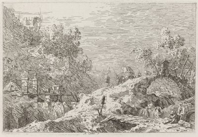 Berglandschaft mit fünf Brücken [unten rechts], ca. 1735-1746 von Canaletto