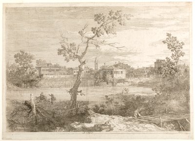 Ansicht einer Stadt am Flussufer, aus der Serie „Ansichten“ von Canaletto