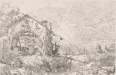 Frau schöpft Wasser aus einem Brunnen unter einer Arkade links, mit einer Landschaft rechts, 1717-68 von Canaletto