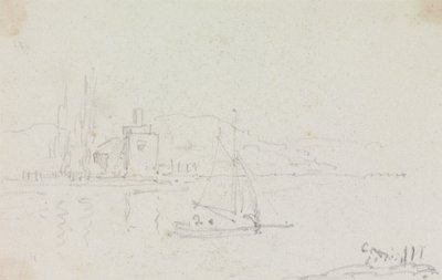 Skizze eines Segelbootes und eines Gebäudes am Ufer von Capt. Thomas Hastings