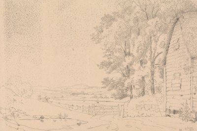 Skizze eines strohgedeckten Gebäudes und eines Flusses dahinter von Capt. Thomas Hastings