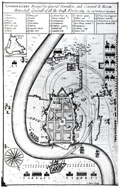 Londonderry belagert von General Hamilton und Conrad de Rosen, graviert von J. Sturt, 1689 von Captain Archibald Maculloch