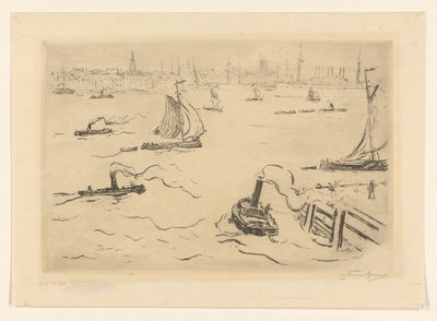 Fluss mit Schiffen bei einer Stadt von Carel Nicolaas Storm van 