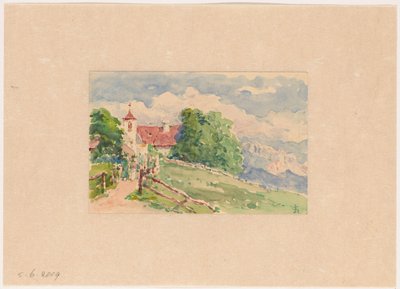 Oberbozen, ein schmaler Weg führt zu einer Kirche auf einem Berghang von Carel Nicolaas Storm van 