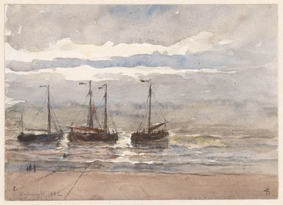 Fischerboote am Strand von Katwijk bei auflaufender Flut von Carel Nicolaas Storm van 