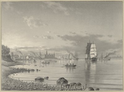 Schiffe auf dem Öresund mit Helsingör und Schloss Kronborg in der Ferne von Carl Emil Baagoe