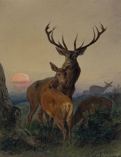 Ein Hirsch mit einem Reh in einer bewaldeten Landschaft bei Sonnenuntergang von Carl Friedrich Deiker