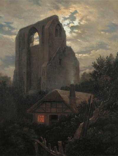Ruinen des Eldena-Klosters mit Hütte bei Greifswald im Mondlicht, 1820 von Carl Gustav Carus