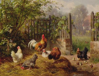 Hahn mit Hennen und Küken von Carl Jutz
