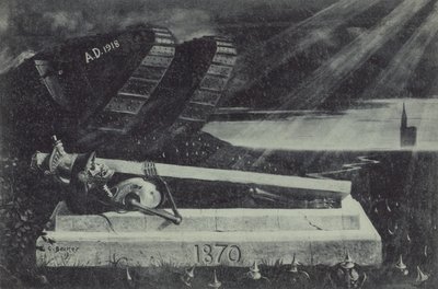 Ein siegreicher alliierter Panzer des Ersten Weltkriegs passiert das Grab eines französischen Kavalleriesoldaten aus dem Deutsch-Französischen Krieg. (Lithografie) von Carl Ludwig Friedrich Becker