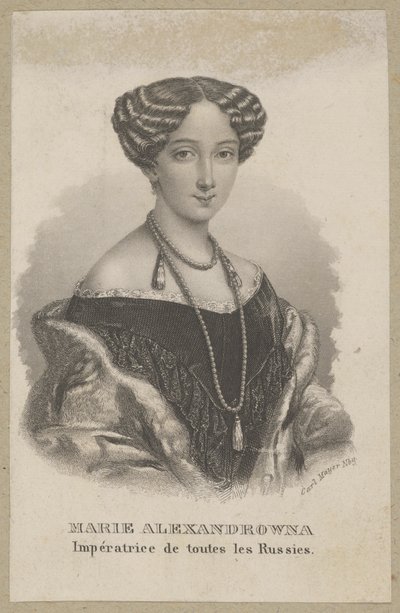 Maria Alexandrowna (geboren als Maximiliana Wilhelmina Maria von Hessen-Darmstadt, 1824 Darmstadt - 1880 Petersburg) – jüngste Tochter von Ludwig II. von Hessen und Wilhelmine von Baden, Herzogin von Hessen, Kaiserin von Russland als Ehefrau von Zar Alexan von Carl Mayer