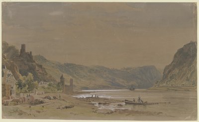 Ansicht von Sankt Goarshausen mit der Burg Maus, im Hintergrund der Loreleyfelsen von Carl Morgenstern