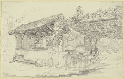 Strohgedecktes Brunnenhaus und Waschtrog neben einer Weinlaube von Carl Philipp Fohr