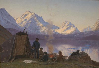 Eine grönländische Siedlung an einem Fjord. Sommer von Carl Rasmussen