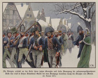 Der Rest der preußischen Armee marschiert an König Friedrich Wilhelm III. und Königin Luise durch die Straßen von Memel vorbei von Carl Röchling