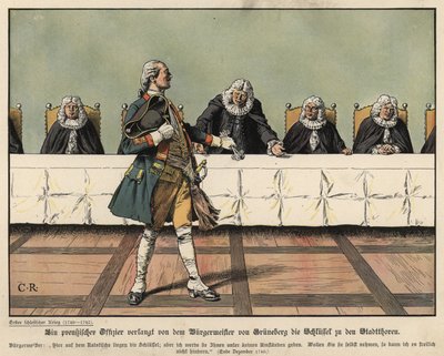 Ein preußischer Offizier fordert die Schlüssel der Stadt vom Bürgermeister von Gruneberg von Carl Röchling