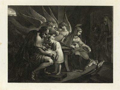 Die Heilige Familie beschäftigt zu Hause: Joseph lehrt den Jungen Jesus lesen. Maria füttert die Tauben. Elisabeth betritt den Raum mit Johannes von Carl Russ