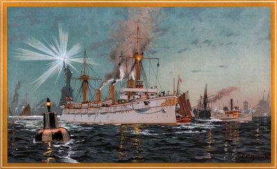 Kaiserin Augusta verlässt New York, Chromolithographie von C. Saltzmann 95, Nr. 13 aus G. Wislicenus, Unsere Kriegsflotte von Carl Saltzmann